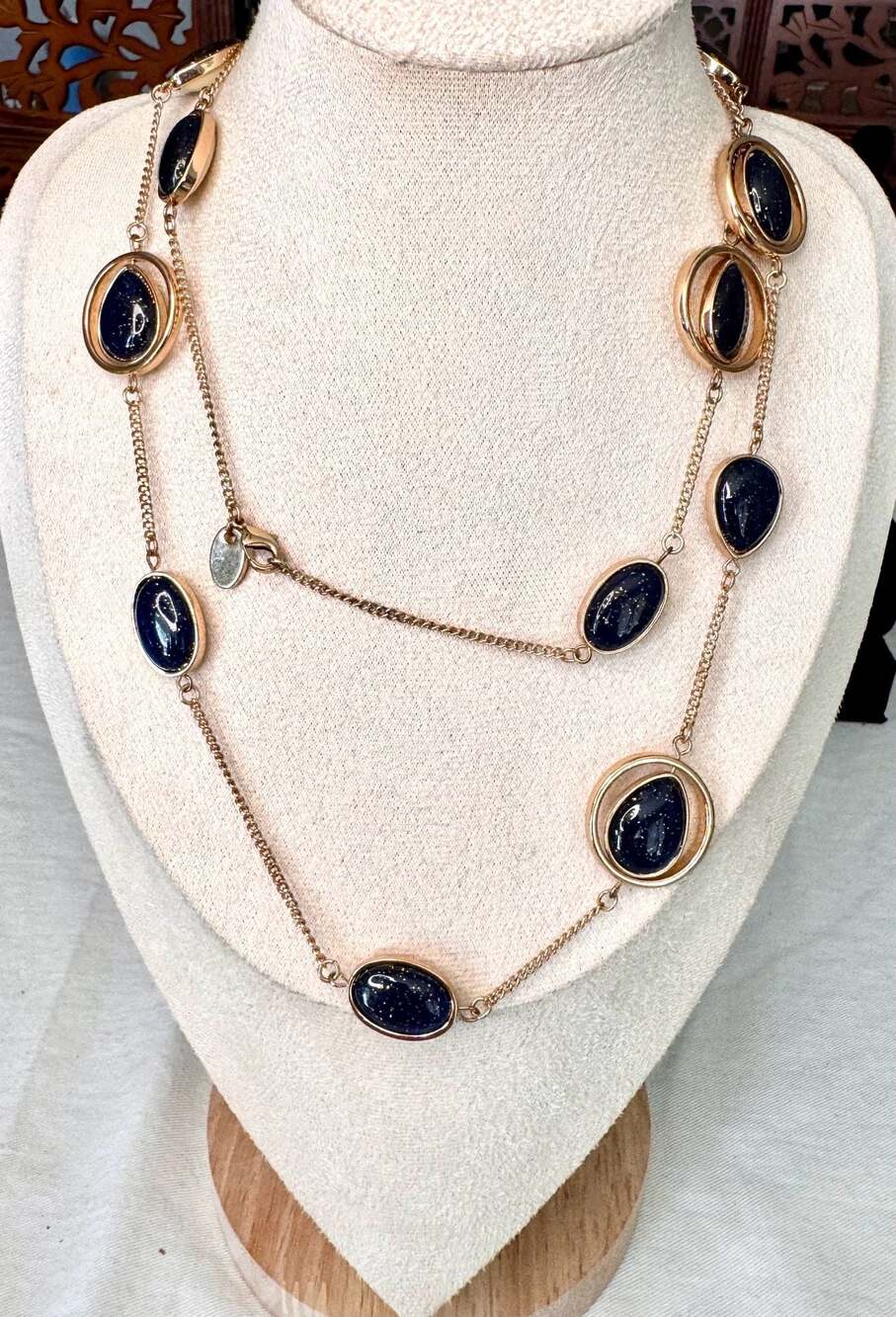 Chico's Long Station Necklace with Blue Goldstone and Ivory Cabochons